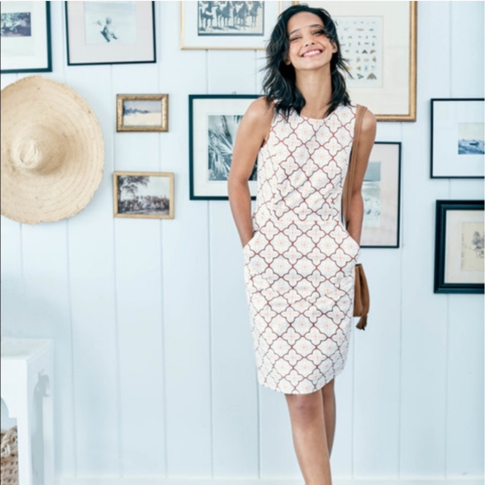 Boden Pink and Cream Sheath Midi Dress Sleeveless Crew Neck
